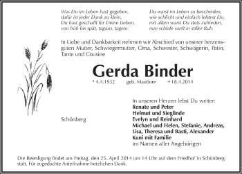 Traueranzeige von Gerda Binder von Pegnitz-Zeitung